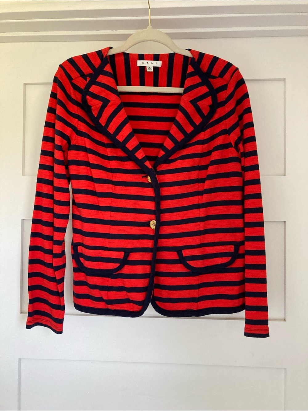 Cabi Cotton Blazer Women’s Medium Red Navy Striped Cruise Travel Vaca